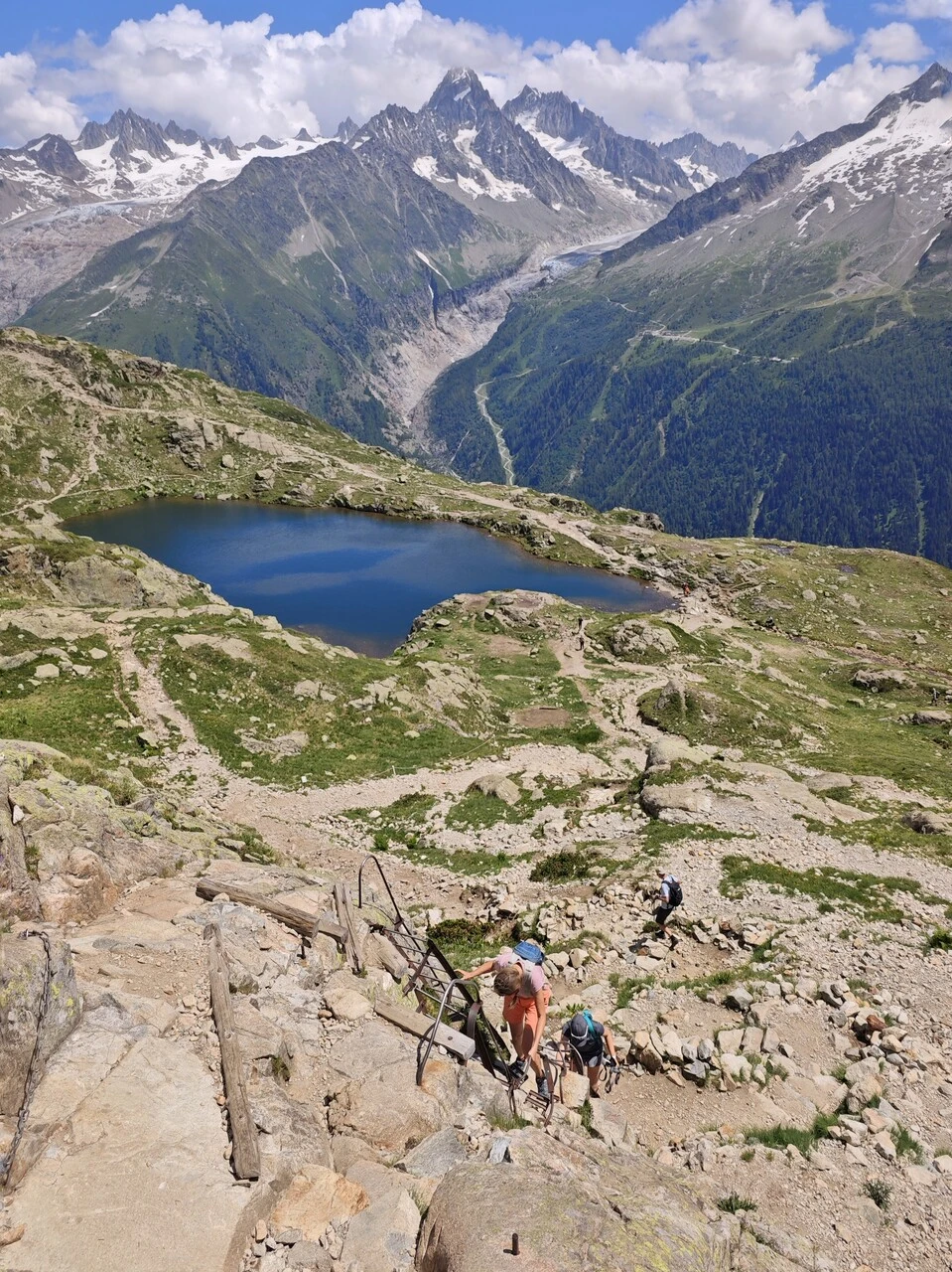 Hikers on the ladders above the lacs des Chéserys, glacier d'Argentière behind