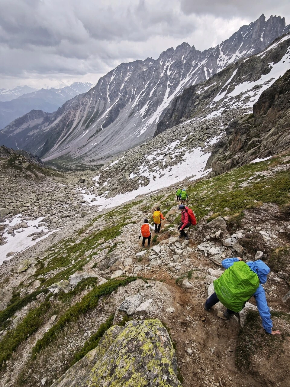 Ascending the scree below the Fenêtre d'Arpette, the most challenging passage on the TMB