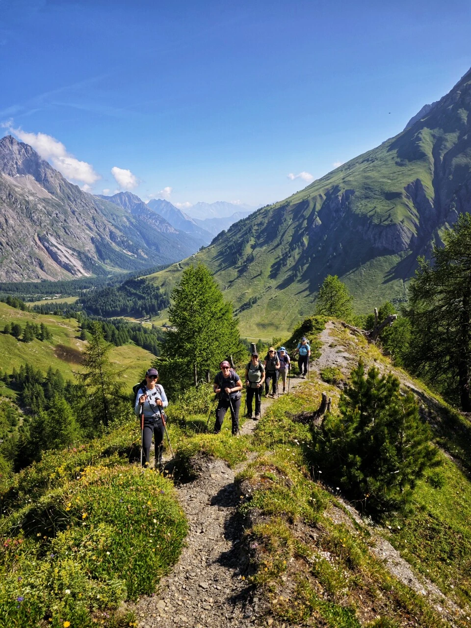 Balcony trail in the Swiss Val Ferret, descending toward La Fouly