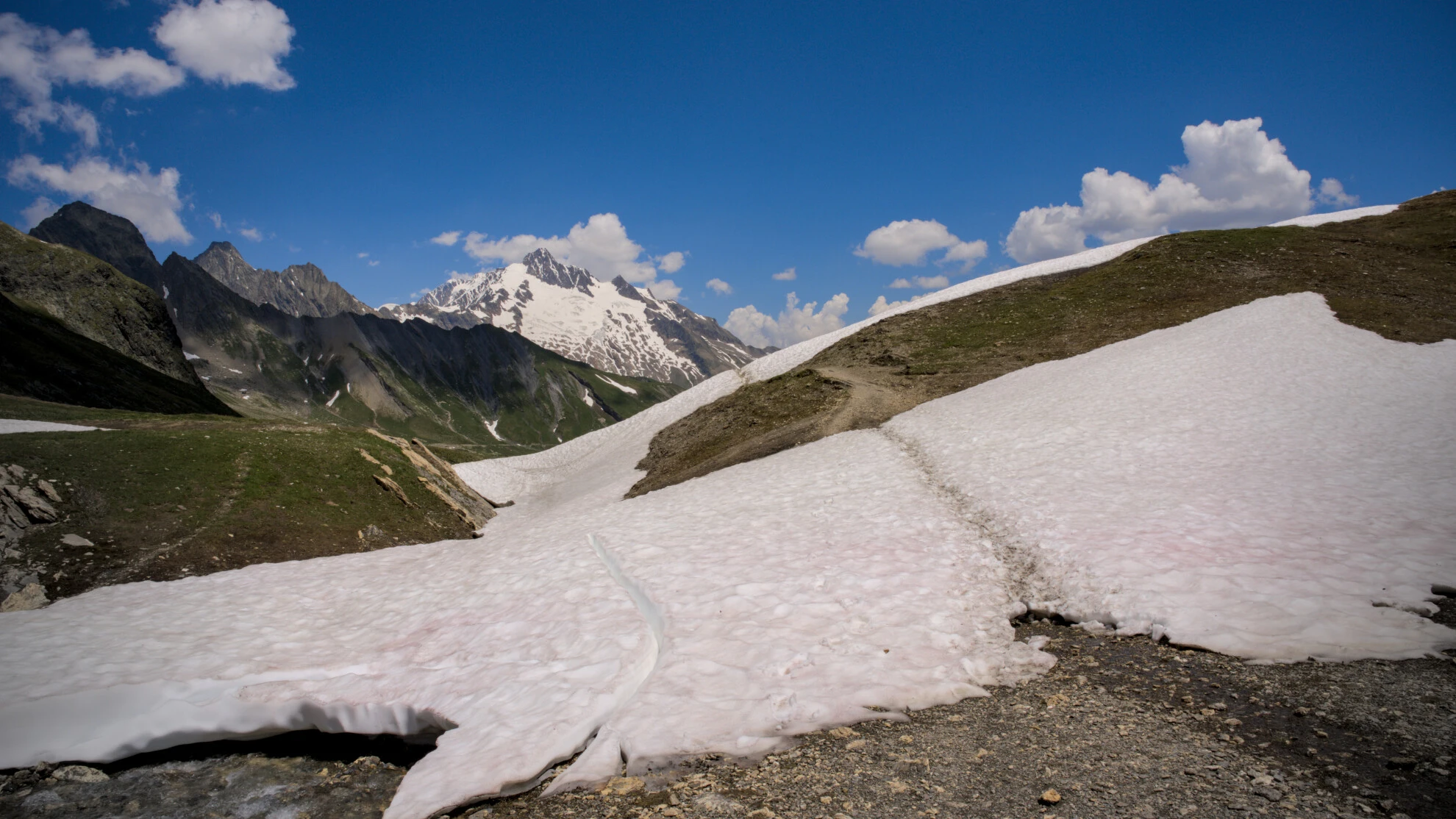 Snow still wide across the trail, col de la Seigne area early in the season