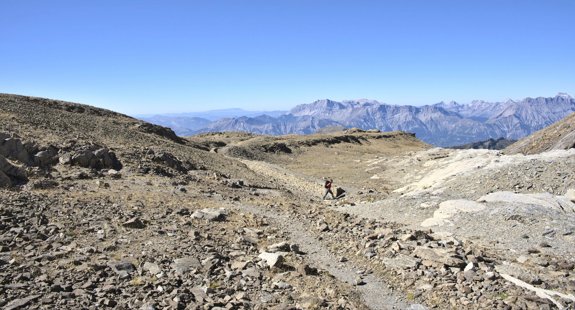 Stony trail through the scree on the upper part of Vieux Chaillol